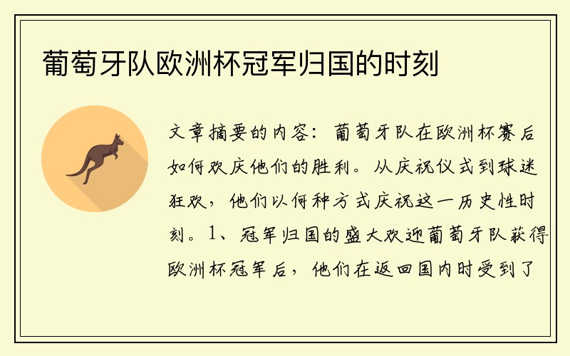 葡萄牙队欧洲杯冠军归国的时刻